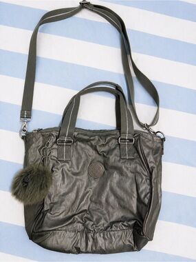 Kipling Olive Green Convertible Shoulder Tote with Pom Pom